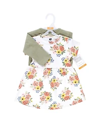 Hudson Baby Toddler Girls Cotton Dress and Cardigan Set, Golden Bouquet