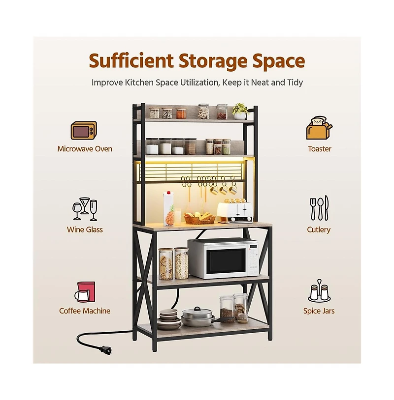 Yaheetech 5-Tier Engineered Wood and Metal Baker s Rack with Power Outlets