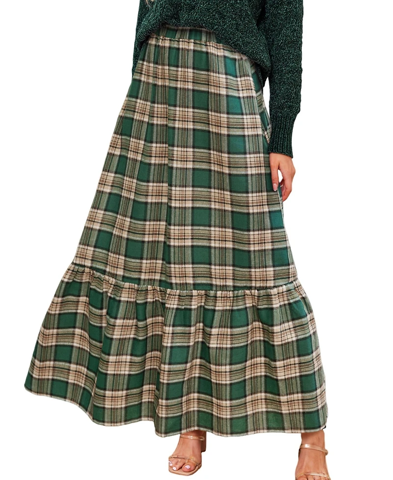 Cupshe Women's Plaid Ruffled Maxi Skirt.