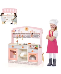 Skonyon Double-Sided Kids Play Kitchen Set with Canopy and 2 Seats