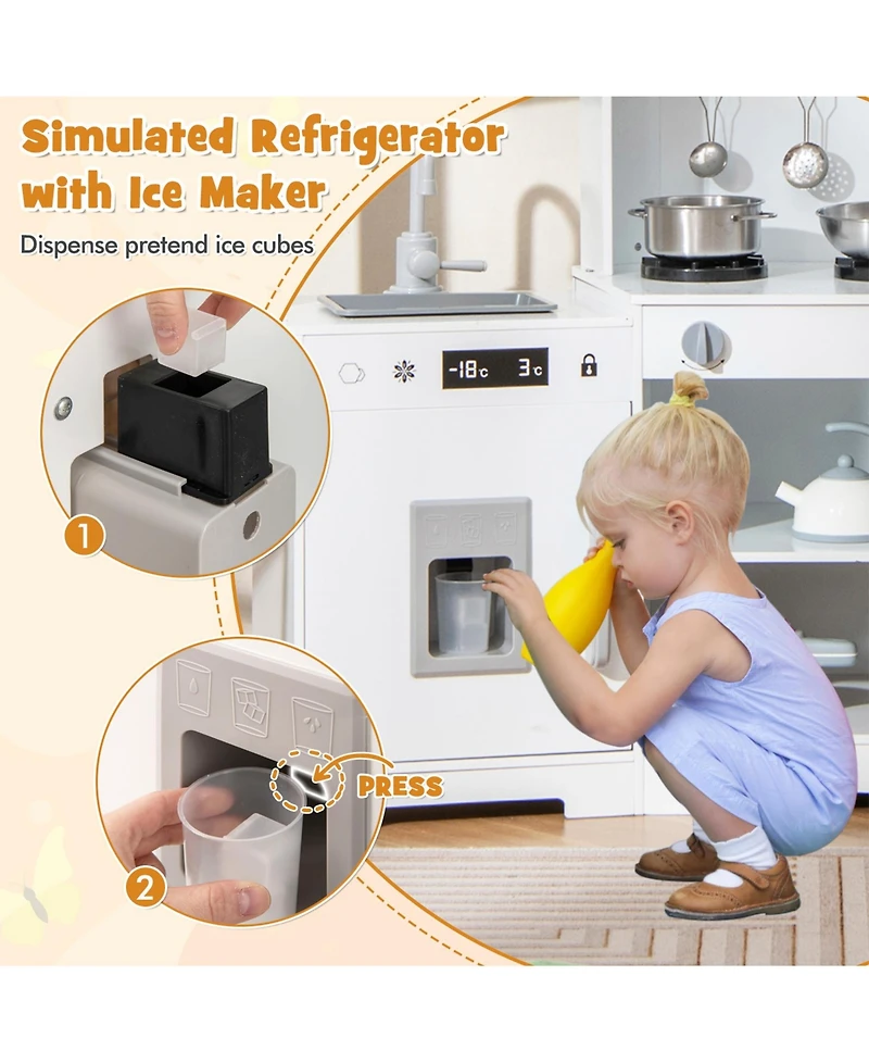 Sugift Pretend Play Kitchen Wooden Toy Set with Range Hood Real Sounds and Lights-White