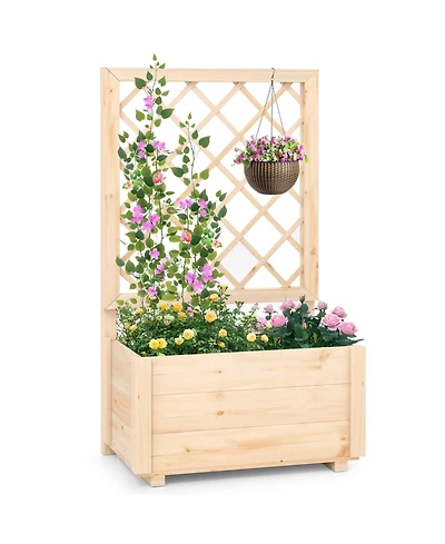 Costway 1 Pcs 40" Tall Wooden Raised Garden Bed with Lattice Trellis for Climbing Vine