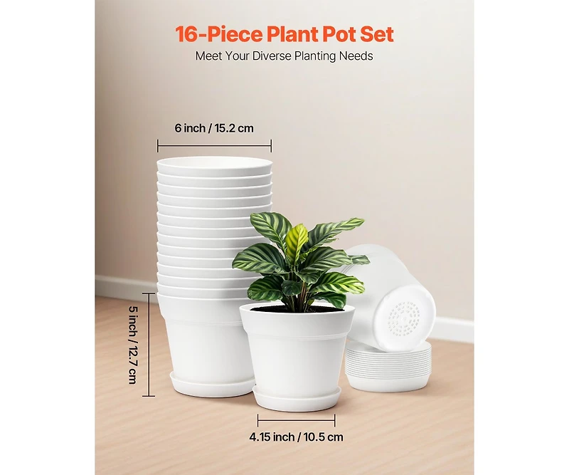 Slickblue Set of 16 Plastic Plant Pots with Saucers and Drainage Holes