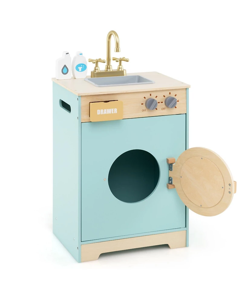 Skonyon Wooden Kids Laundry Playset with Washer, Sink, and Accessories
