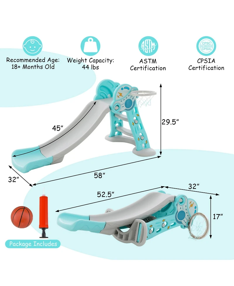 Sugif 3-in-1 Folding Slide Playset with Basketball Hoop and Small Basketball-Blue