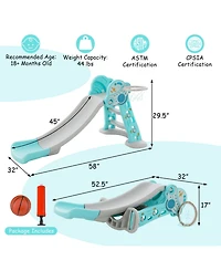 Sugif 3-in-1 Folding Slide Playset with Basketball Hoop and Small Basketball-Blue