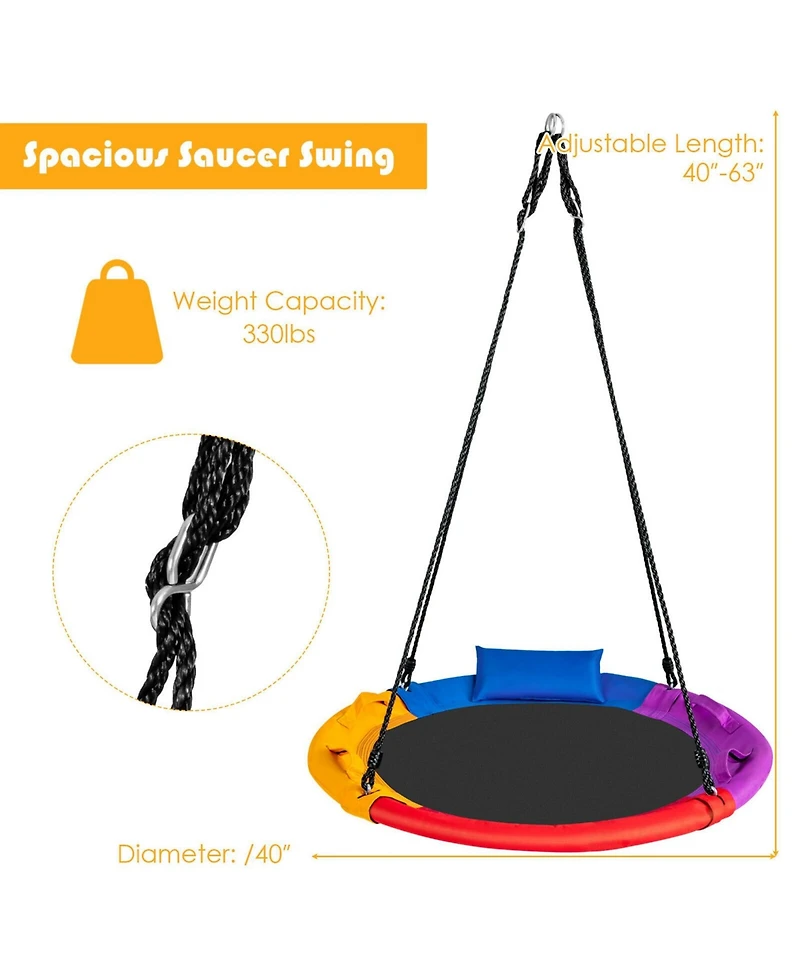 Sugift Saucer Tree Outdoor Round Platform Swing with Pillow and Handle-Multicolor