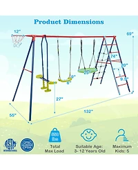 Sugift 550 Lbs 6-in-1 Patio Kids Swing Set with Climbing Net and Ladder-Red