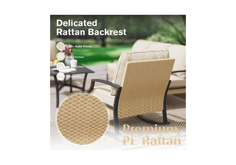 Aecojoy Outdoor Patio Furniture Set with Rocking Chair, 4 Piece Rattan Conversation Bistro Set with Coffee Table