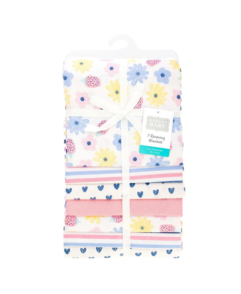 Hudson Baby Infant Girls Cotton Flannel Receiving Blankets 7-Pack Bundle, Flowers And Strawberries, One Size