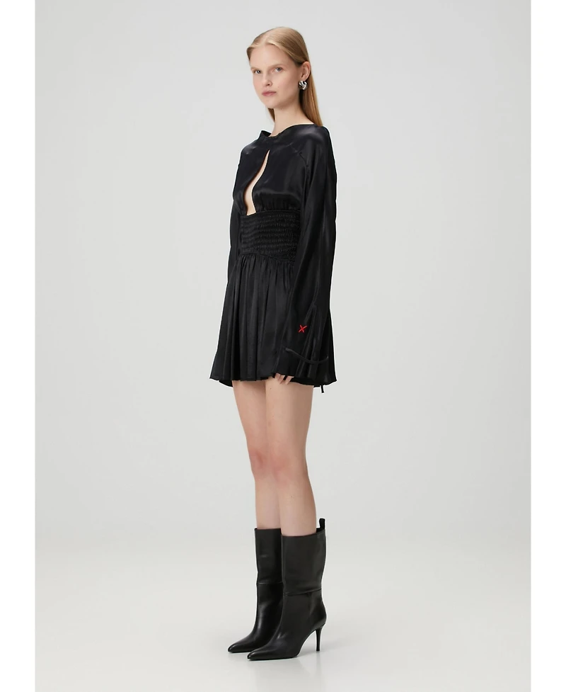 Pcfg Women's Jet Black Long-Sleeve Deep V-Neck Mini Dress