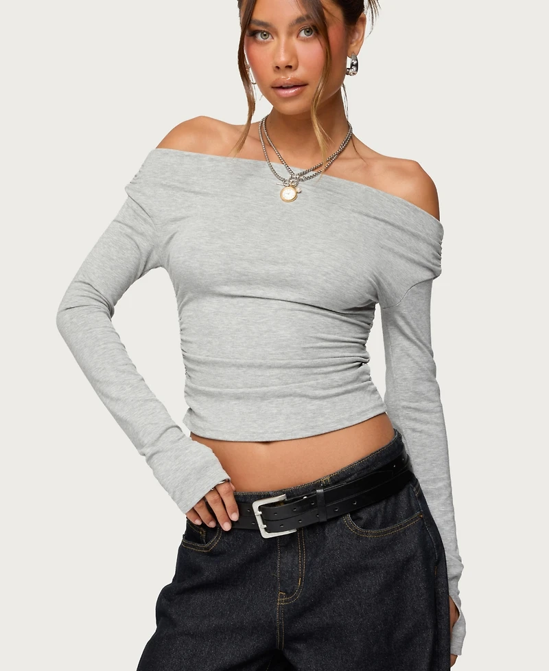 Edikted Women's Milane Ruched Off Shoulder Ribbed Top