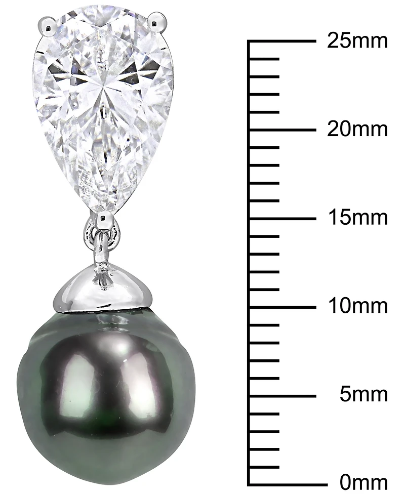 Macy's Cultured Tahitian Pearl (10-10.5mm) and White Sapphire (10-3/4 ct. t.w.) Drop Earrings in Sterling Silver