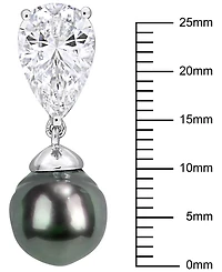 Macy's Cultured Tahitian Pearl (10-10.5mm) and White Sapphire (10-3/4 ct. t.w.) Drop Earrings in Sterling Silver