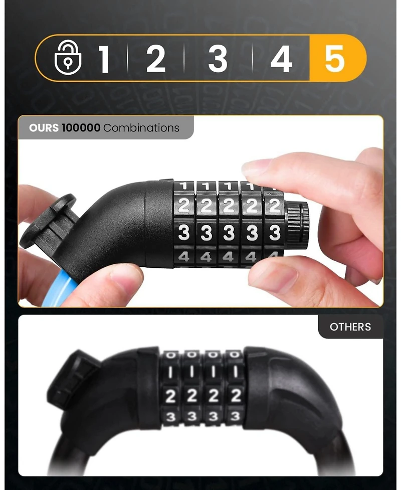 Batfox Bike Lock Cable with Combination, Heavy-Duty 5-Digit Resettable Bicycle Anti-Theft, w/ Mounting Bracket for and Scooters