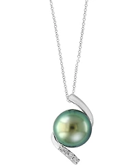 Effy Collection Black Tahitian Pearl (11-12mm) and Diamond Pendant Necklace (1/20 ct. t.w.) in Sterling Silver