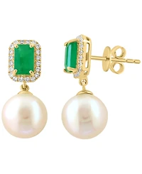Effy Collection Freshwater Pearl (9mm), Diamond (1/5 ct. t.w.) and Emerald (1-1/10 ct. t.w.) Earring in 14k Yellow Gold