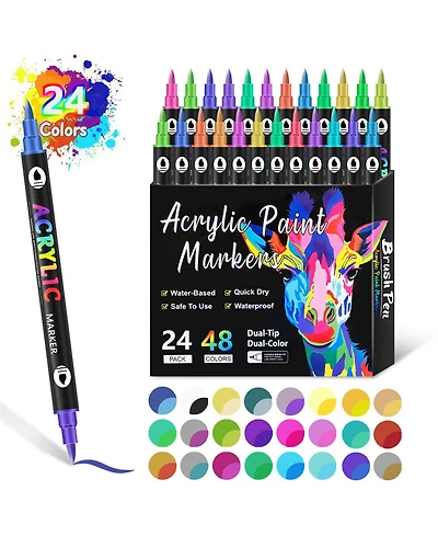 Htutwoo Dual Tip Acrylic Paint Markers Set, 48 Colors Quick-Drying Water-Based Pens for Rock Painting, Ceramic, Wood, Canvas & Plastic Diy Crafts