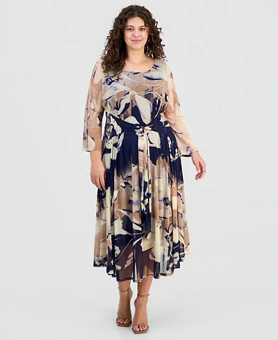Robbie Bee Plus Size Printed Round-Neck Midi Mesh Dress