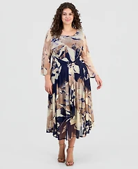 Robbie Bee Plus Size Printed Round-Neck Midi Mesh Dress