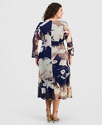 Robbie Bee Plus Size Printed Round-Neck Midi Mesh Dress