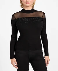 Guess Women's Embellish Sheer Panel Mock Neck Sweater