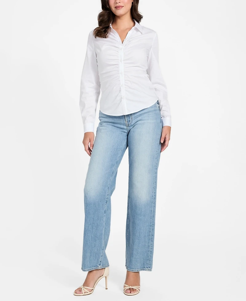 Guess Women's Shirred Long-Sleeve Collared Shirt