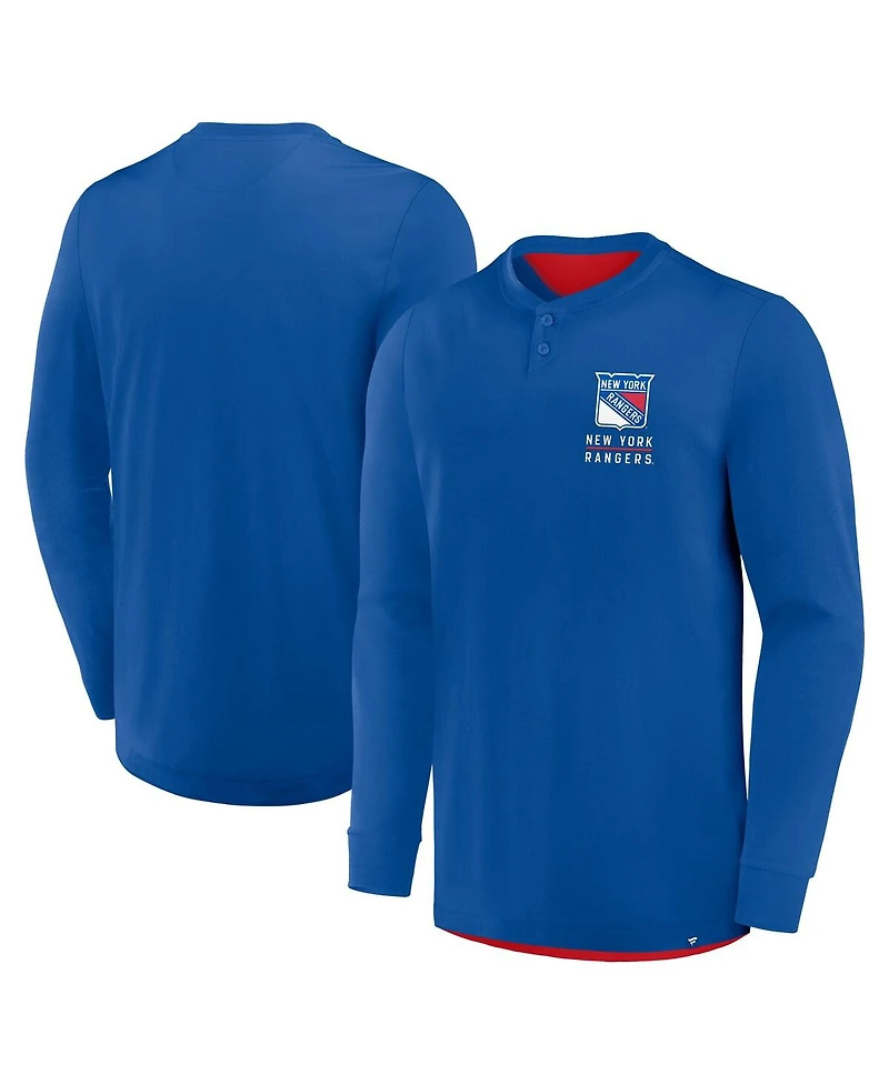 Fanatics Men's Blue New York Rangers Adrenaline Push Long Sleeve Henley Shirt