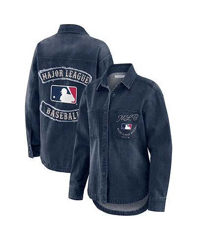 Wear by Erin Andrews Women's Denim Mlb Washed Oversized Full-Snap Shacket