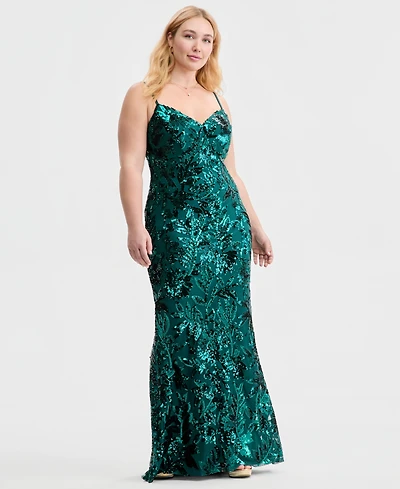 B Darlin Trendy Plus Floral Sequin Sleeveless Gown