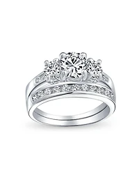 Bling Jewelry Classic 3CT Round 3 Stone Cz Past Present Future Promise Ring Set Band Sterling Silver