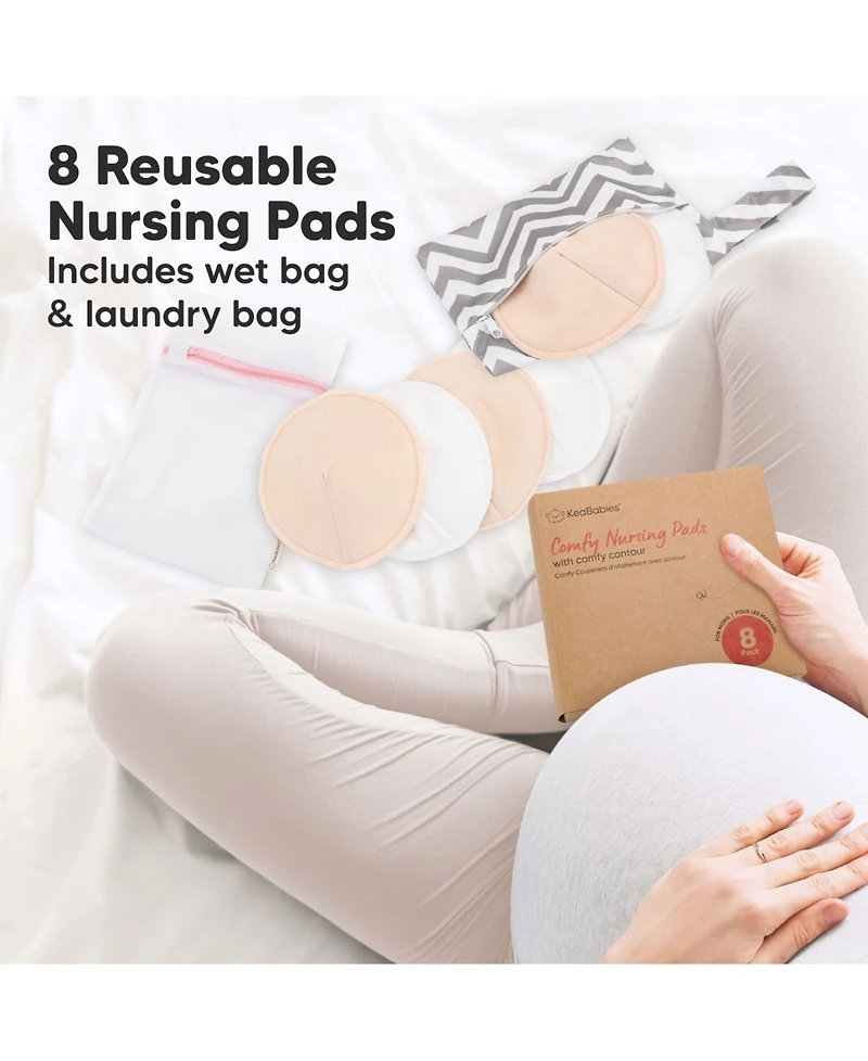 KeaBabies 8pk Organic Nursing Pads, Washable Breast Pads + Wash Bag, Reusable Nipple