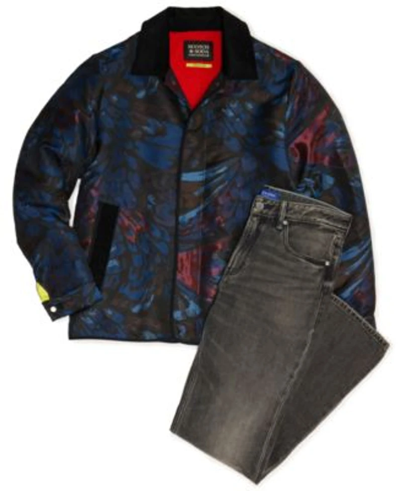 Scotch Soda Mens Printed Long Sleeve Jacket Paired With Straight Leg Slim Fit Jeans