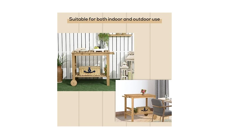 Slickblue Fir Wood Side Shelves and Storage Rolling Grill Cart