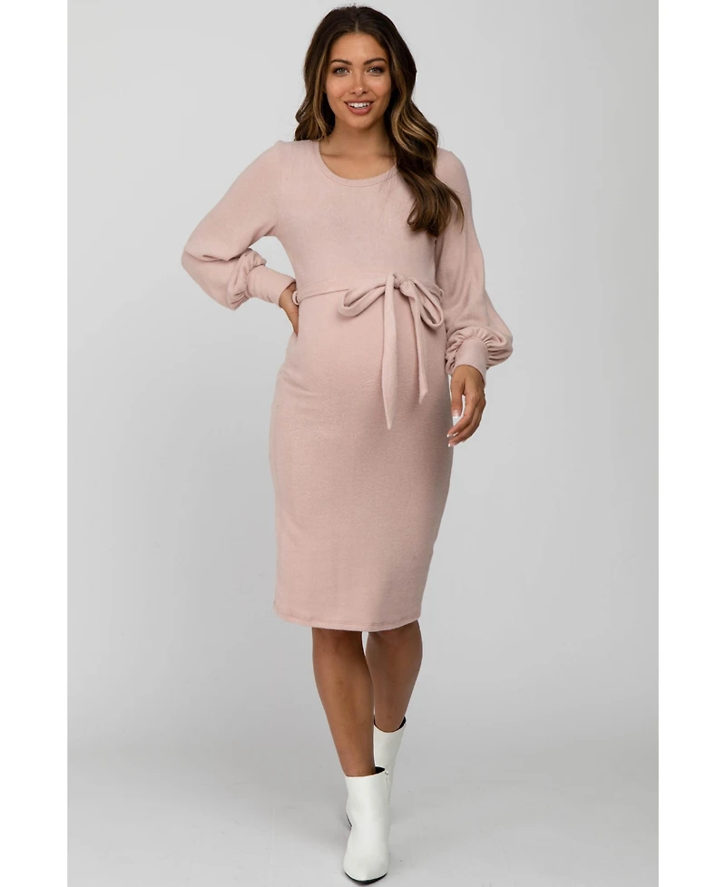 Pinkblush Maternity Pink Soft Brushed Waist Tie Bubble Sleeve Dress