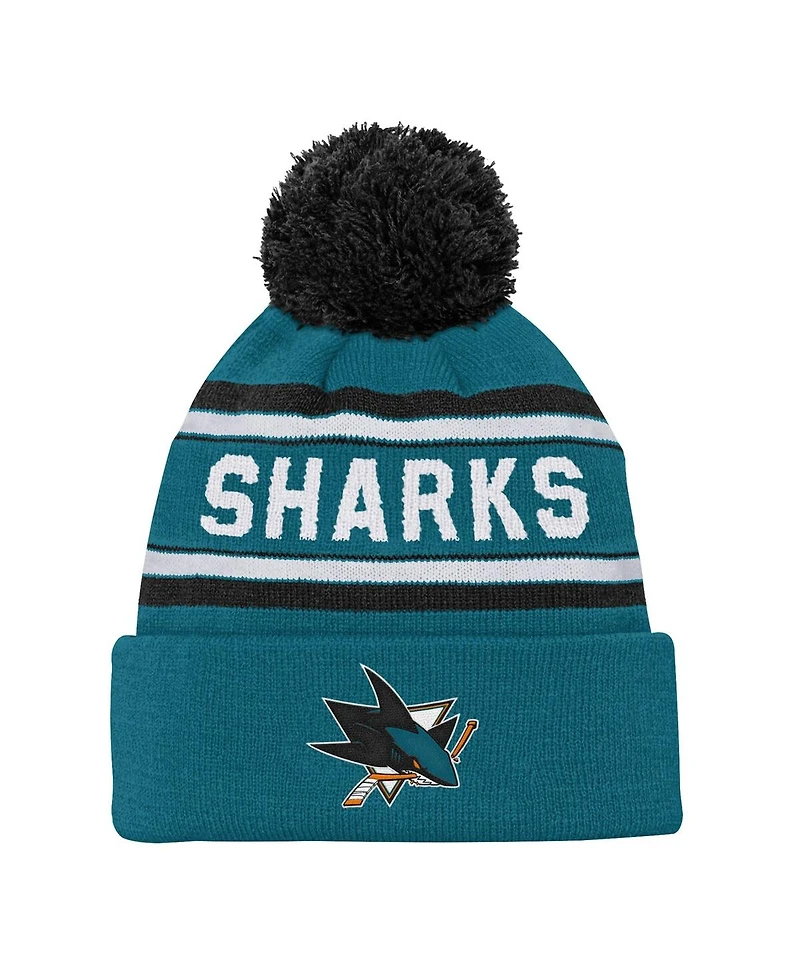 Outerstuff Big Boys and Girls San Jose Sharks Teal Jacquard Cuffed Knit with Pom Hat