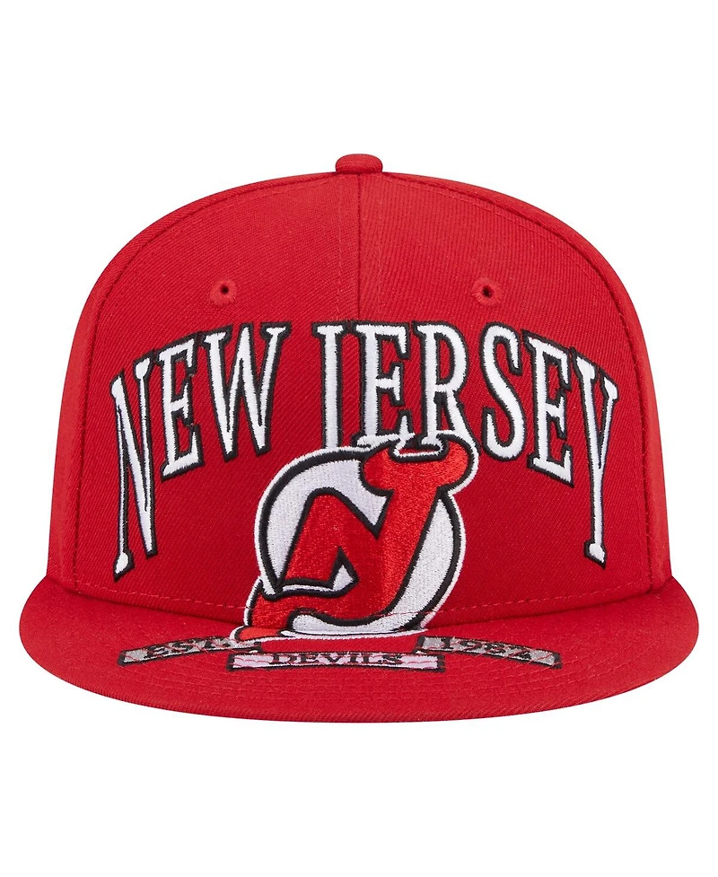 New Era Men's Red Jersey Devils Oversized Vintage Arch 59Fifty Fitted Hat
