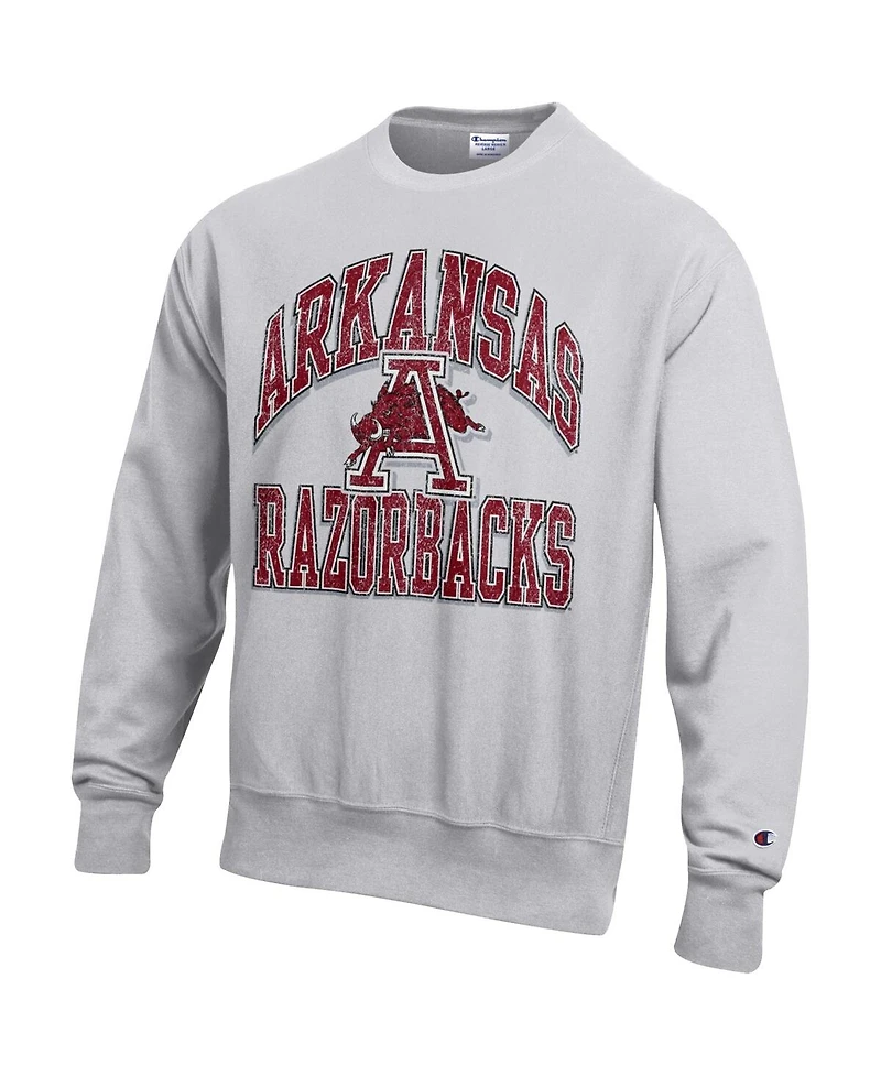 Champion Men's Gray Arkansas Razorbacks Distressed Arch Over Logo Reverse Weave Crew Neck Sweatshirt
