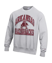 Champion Men's Gray Arkansas Razorbacks Distressed Arch Over Logo Reverse Weave Crew Neck Sweatshirt