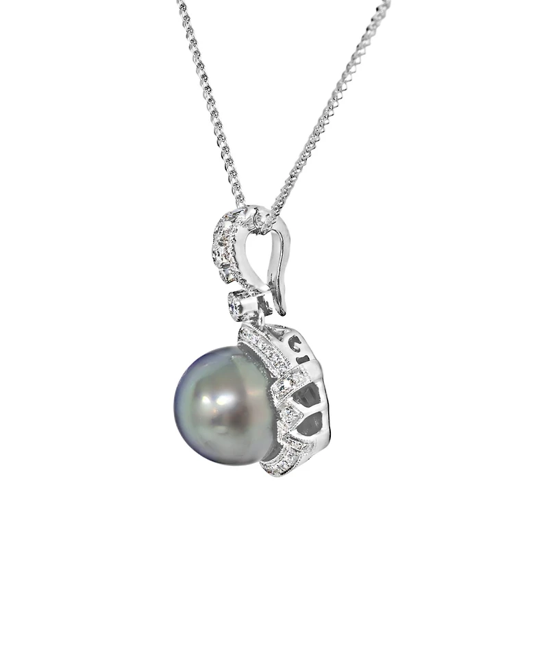 Macy's Tahitian Cultivated Pearl (11mm) and Diamond (1/4 ct. t.w.) Pendant Necklace in 14K White Gold