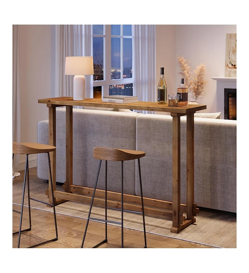 Tribesigns 63" Long Bar Table, Solid Wood Pub Table with Footrest