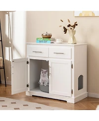 Gymax Cat Litter Box Enclosure w/ 2 Drawers Double Doors Anti-Toppling Devices