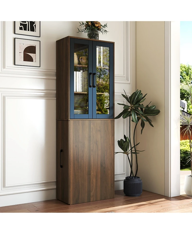 "Casainc 70.87" Display Cabinet with 4 Pull-Out Shelves & Glass Doors – Modern Multi-Tier Pantry Storage for Home