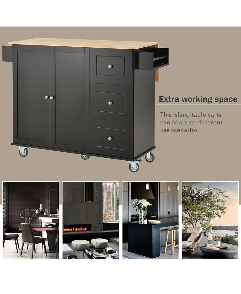 Casainc Rolling Kitchen Island with Solid Wood Top, Drop Leaf Bar, Locking Wheels, Storage Cabinet, Spice Rack, Towel Rack and Drawer, 52.7inch