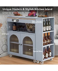 Casainc Rolling Kitchen Island with Extended Table, Led Lights, Power Outlets, 2 Fluted Glass Doors, Storage Compartment and 3 Open Side Shelves