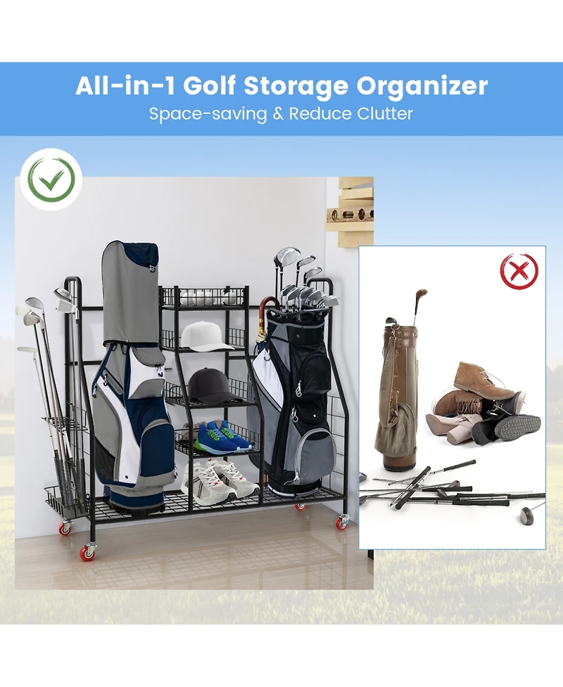 Skonyon Double Golf Bag Rack with Removable Golf Club Stand and Wheels