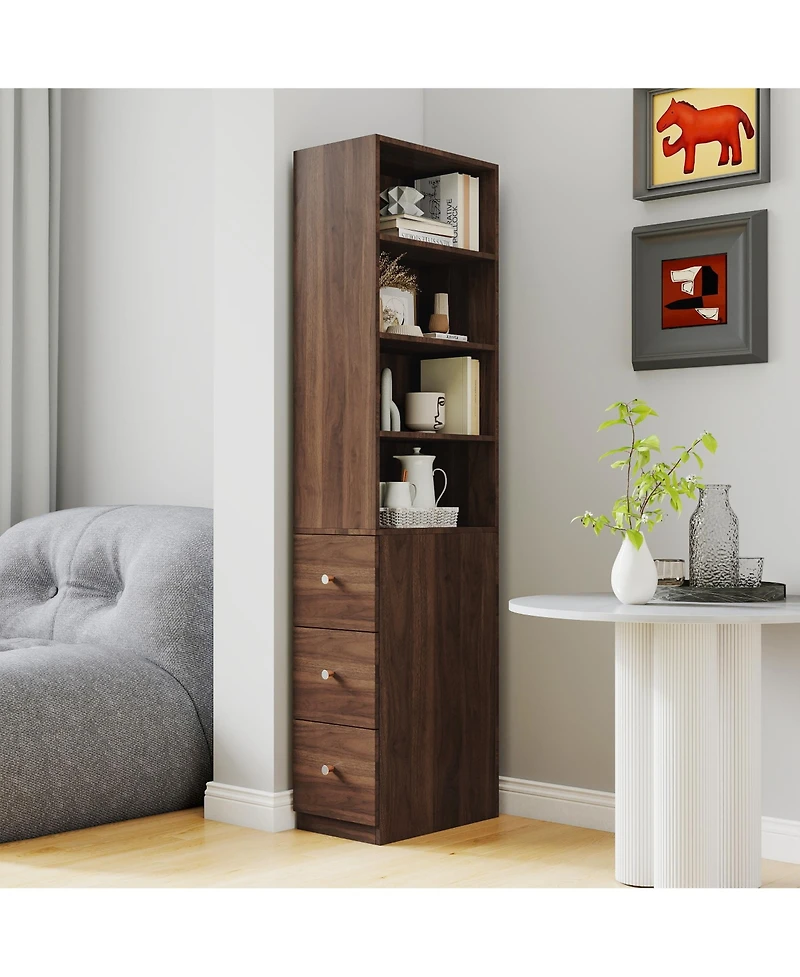 Casainc 70.87" H Display Storage Cabinet with 4-Tier Shelves and 3 Side Drawers, Modern Wooden Tall Bookshelf for Home