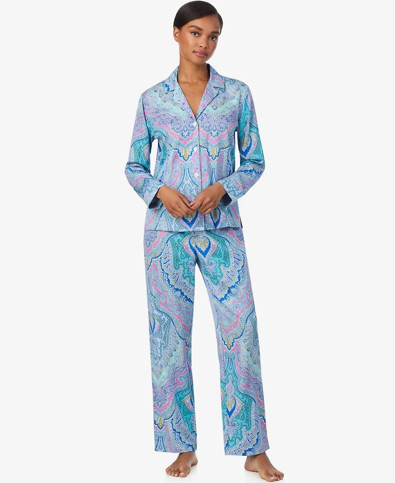 Lauren Ralph Women's Petite Long Sleeve Notch Collar Pant Pajama Set