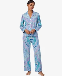 Lauren Ralph Women's Petite Long Sleeve Notch Collar Pant Pajama Set
