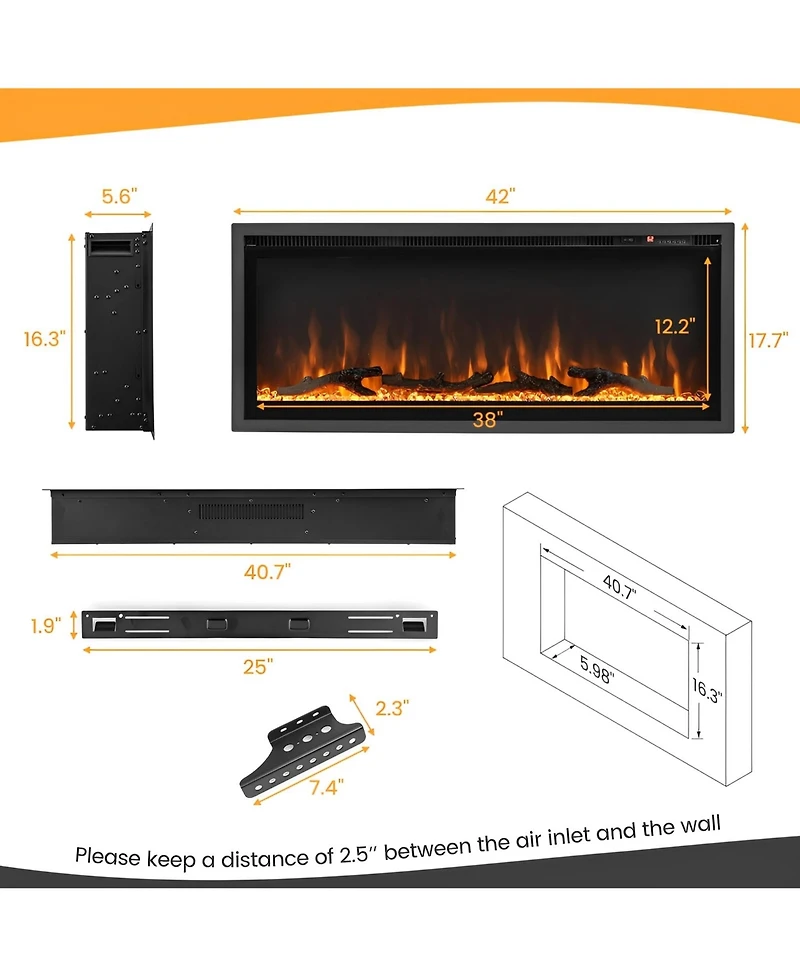 Sugift Electric Fireplace in-Wall Recessed with Remote Control and Adjustable Color and Brightness-42 inches